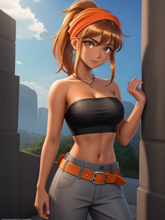 1girl, solo, mixed race Nicaraguan-Navajo woman, 24yo, short brown hair, ponytail hairstyle, (amber eyes:1.5), tan-bronze skin, athletic figure, medium breasts BREAK (Early 2000's based clothing:1.3), ((Wearing: orange head bandana, black strapless crop-top, belt, grey baggy pants)) BREAK looking at viewer, BREAK set in the early 2000’s, BREAK (masterpiece:1.2), best quality, high resolution, unity 8k wallpaper, (illustration:0.8), (beautiful detailed eyes:1.6), extremely detailed face, perfect lighting, extremely detailed CG, (perfect hands, perfect anatomy),
