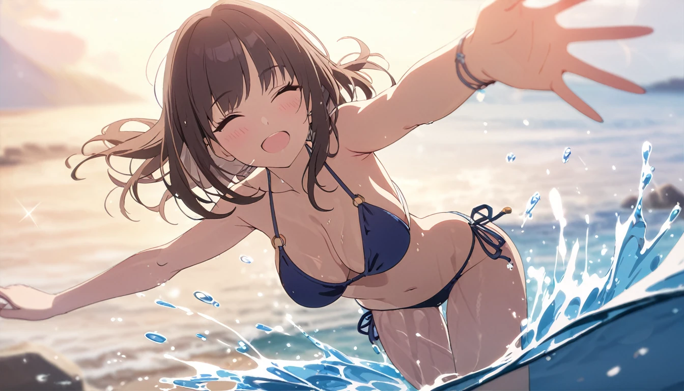 A woman wearing a separate swimsuit、Please draw an illustration of someone playing in the ocean while holding on to a swim ring.。The woman is laughing cheerfully、Having fun in the crystal clear water。In the background、It depicts the blue sea and a slightly rippling water surface.。