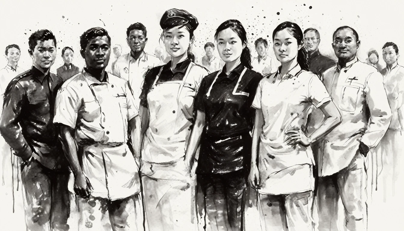 a group of people in uniform, white background, ink painting, black and white painting, artistic ink splashes on white background, loose brushstrokes, pen outlines with black ink, smooth lines, splash-ink, ink splatter, ink washes, high detail, clean, lots of white space, lots of negative space, minimalism