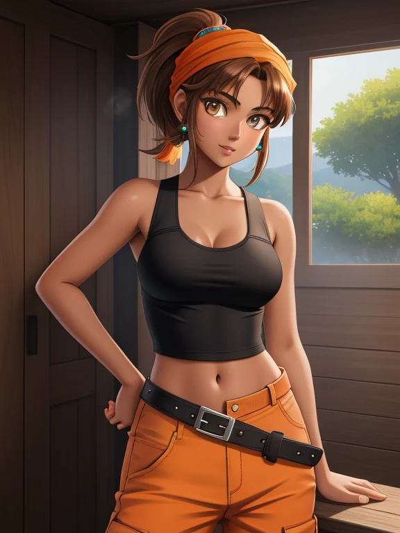 1girl, solo, mixed race Nicaraguan-Navajo woman, 24yo, short brown hair, ponytail hairstyle, (amber eyes:1.5), tan-bronze skin, athletic figure, medium breasts BREAK (Early 2000's based clothing:1.3), ((Wearing: orange head bandana, black strapless tank-top, belt, grey baggy pants)) BREAK looking at viewer, BREAK set in the early 2000’s, BREAK (masterpiece:1.2), best quality, high resolution, unity 8k wallpaper, (illustration:0.8), (beautiful detailed eyes:1.6), extremely detailed face, perfect lighting, extremely detailed CG, (perfect hands, perfect anatomy),
