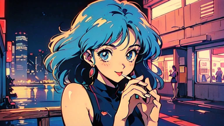 Retro arcade anime girl, 80年代のAnime atmosphere, 80s anime style, Retro Anime Girls, 1980's anime style, Retro anime images, Anime atmosphere, Playing games, smoking a cigarette, smoking