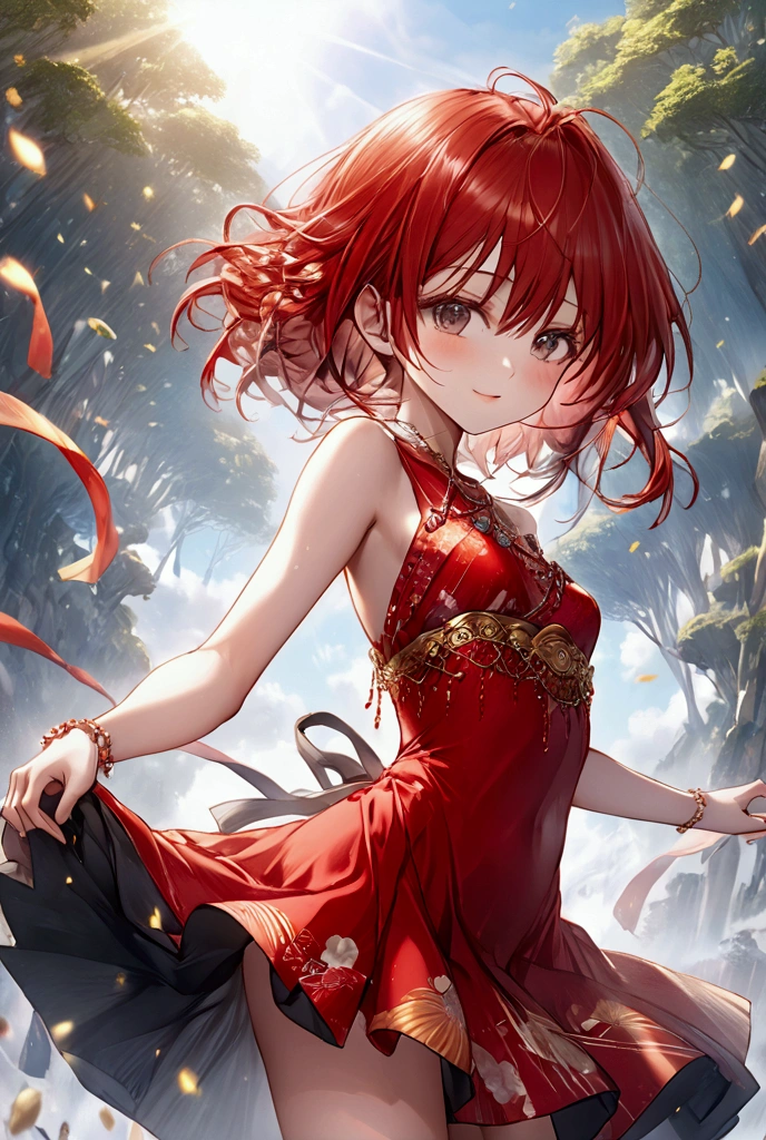 A beautiful Japanese woman (, 2D anime style, intricate details, hyper-realistic, extremely intricate details, 8k). In a short red dress (2D anime style, intricate details, hyper-realistic, extremely intricate details, 8k). She is dancing all elegant and happy showing her youthful and sexy body(2D anime style, intricate details, hyper-realistic, extremely intricate details, 8k). The scene shows a young girl dancing happily she shows her thin panties when she dances (2D anime style, intricate details, hyper-realistic, extremely intricate details, 8k).The photo shows extreme detail and a magical environment showing all the youth of the young woman (2D anime style, intricate details, hyper-realistic, extremely intricate details, 8k). Background (2D anime style, intricate details, hyper-realistic, extremely intricate details, 8k).