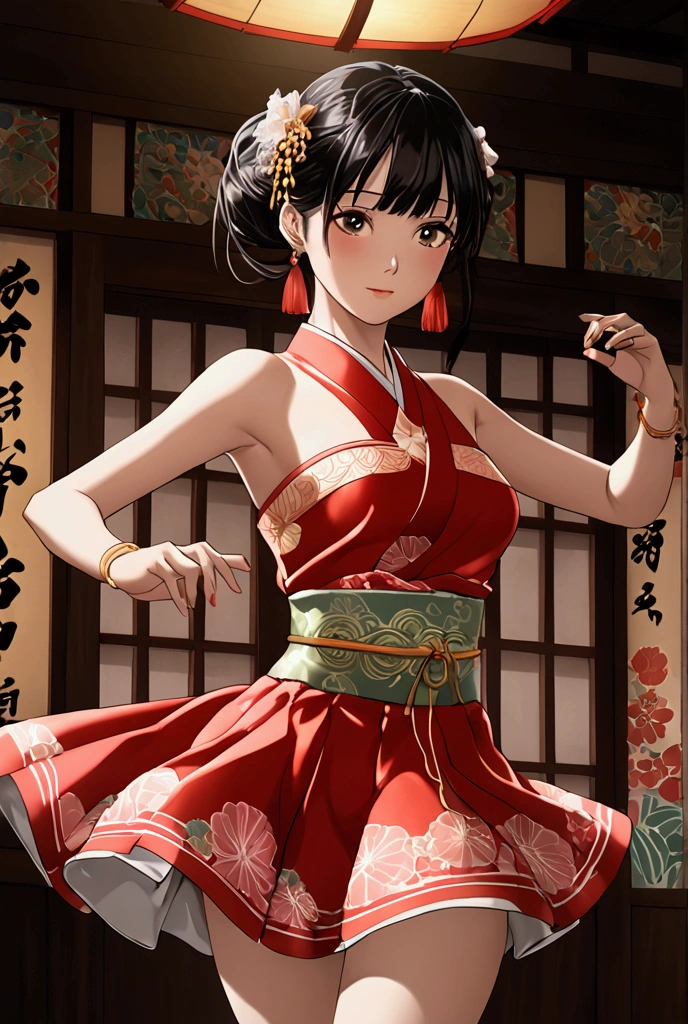 A beautiful Japanese woman (, 2D anime style, intricate details, hyper-realistic, extremely intricate details, 8k). In a short red dress (2D anime style, intricate details, hyper-realistic, extremely intricate details, 8k). She is dancing all elegant and happy showing her youthful and sexy body(2D anime style, intricate details, hyper-realistic, extremely intricate details, 8k). The scene shows a young girl dancing happily she shows her thin panties when she dances (2D anime style, intricate details, hyper-realistic, extremely intricate details, 8k).The photo shows extreme detail and a magical environment showing all the youth of the young woman (2D anime style, intricate details, hyper-realistic, extremely intricate details, 8k). Background (2D anime style, intricate details, hyper-realistic, extremely intricate details, 8k).