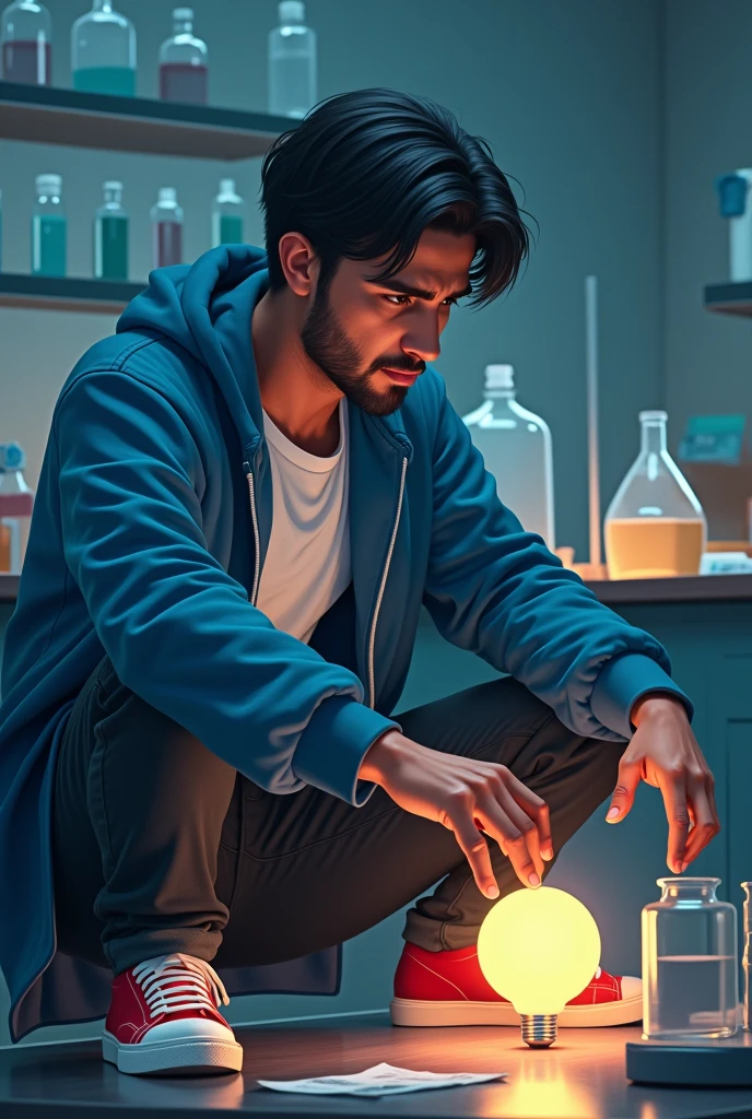 a young man with french beard in red tshirt mixes poison of blue color from a bottle in a bowl full of brown cat food