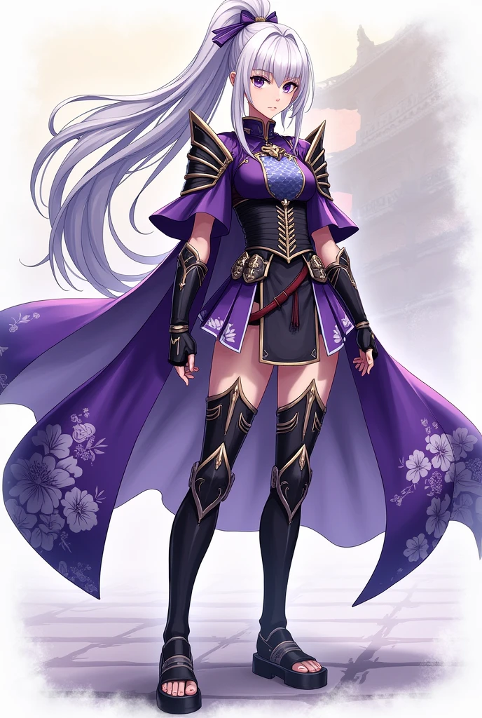 ((female ninja)), masterpiece image, high resolution image, ((samurai style shoulder armor)), ((samurai style knee armor)), samurai style shin guard armor, ((purple cape))