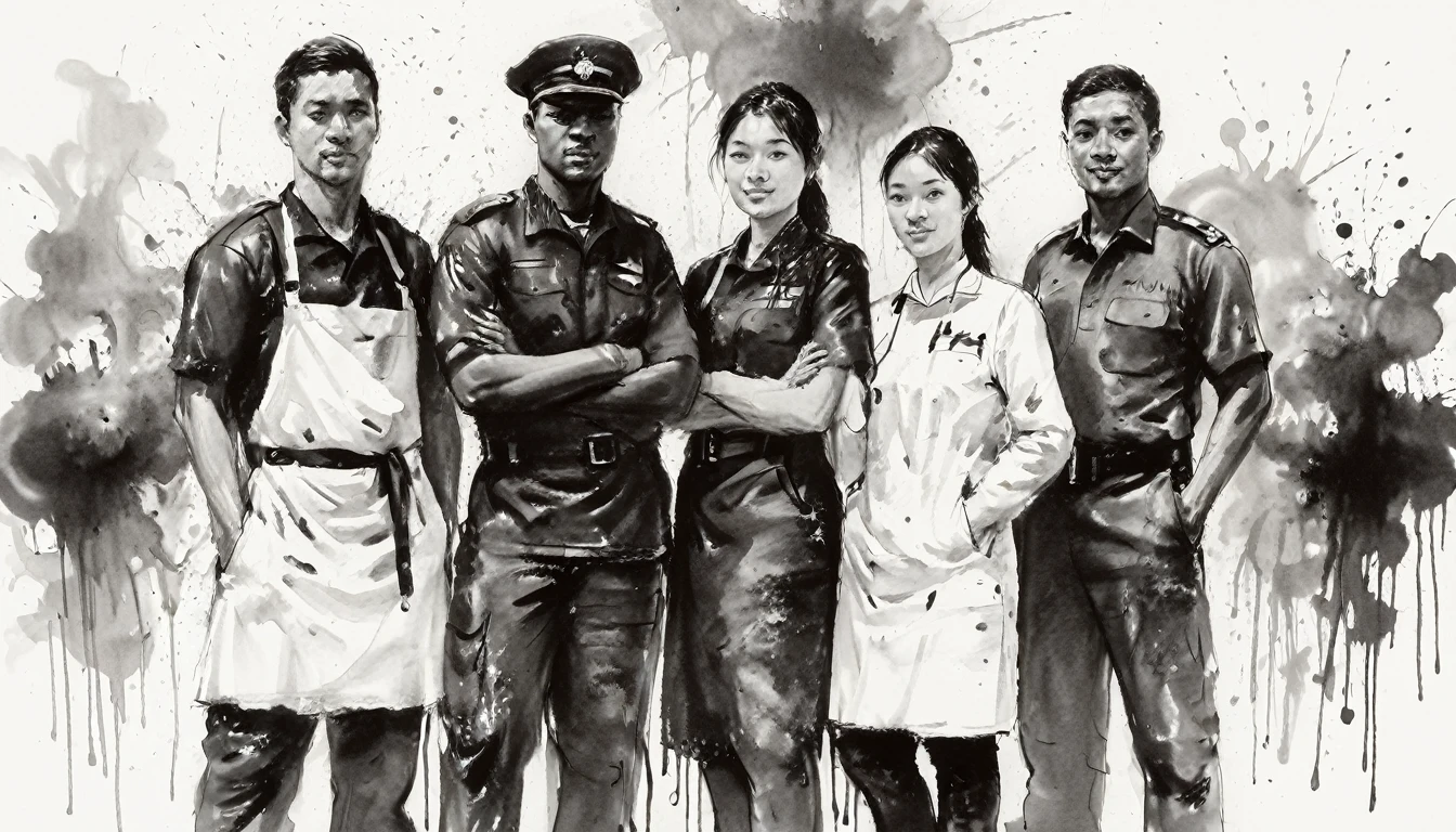 a group of people in uniform, white background, ink painting, black and white painting, artistic ink splashes on white background, loose brushstrokes, pen outlines with black ink, smooth lines, splash-ink, ink splatter, ink washes, high detail, clean, lots of white space, lots of negative space, minimalism