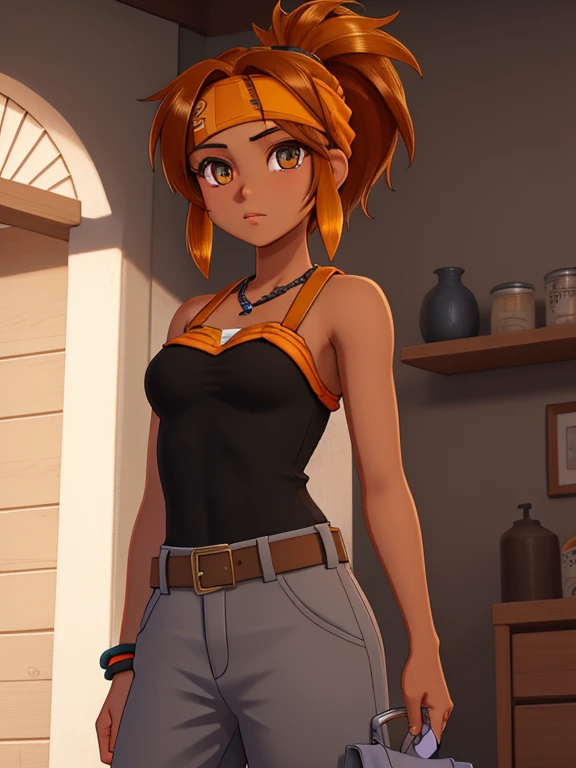 1girl, solo, mixed race Nicaraguan-Navajo woman, 24yo, short brown hair, ponytail hairstyle, (amber eyes:1.5), tan-bronze skin, athletic figure, medium breasts BREAK (Early 2000's based clothing:1.3), ((Wearing: orange head bandana, black strapless tank-top, belt, grey baggy pants)) BREAK looking at viewer, BREAK set in the early 2000’s, BREAK (masterpiece:1.2), best quality, high resolution, unity 8k wallpaper, (illustration:0.8), (beautiful detailed eyes:1.6), extremely detailed face, perfect lighting, extremely detailed CG, (perfect hands, perfect anatomy),
