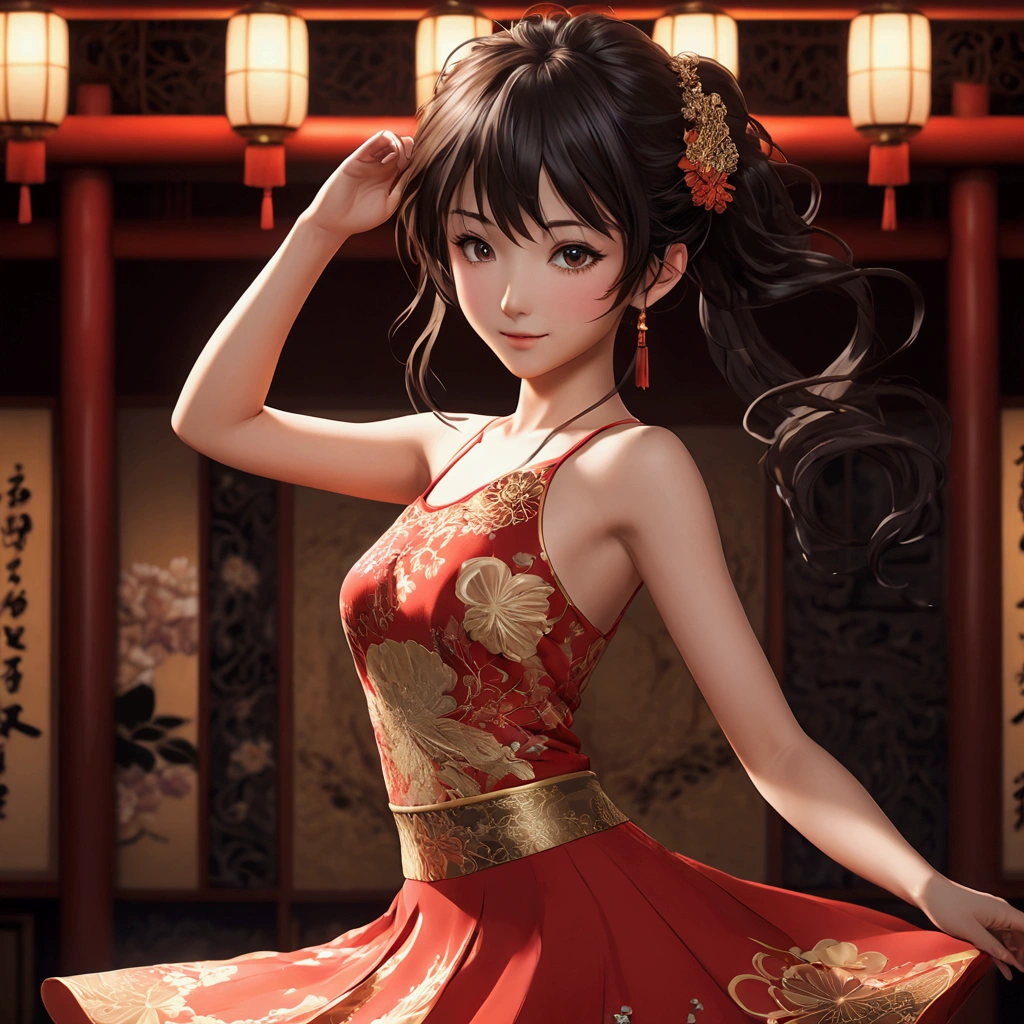 A beautiful Japanese woman (, 2D anime style, intricate details, hyper-realistic, extremely intricate details, 8k). In a short red dress (2D anime style, intricate details, hyper-realistic, extremely intricate details, 8k). She is dancing all elegant and happy showing her youthful and sexy body(2D anime style, intricate details, hyper-realistic, extremely intricate details, 8k). The scene shows a young girl dancing happily she shows her thin panties when she dances (2D anime style, intricate details, hyper-realistic, extremely intricate details, 8k).The photo shows extreme detail and a magical environment showing all the youth of the young woman (2D anime style, intricate details, hyper-realistic, extremely intricate details, 8k). Background (2D anime style, intricate details, hyper-realistic, extremely intricate details, 8k).