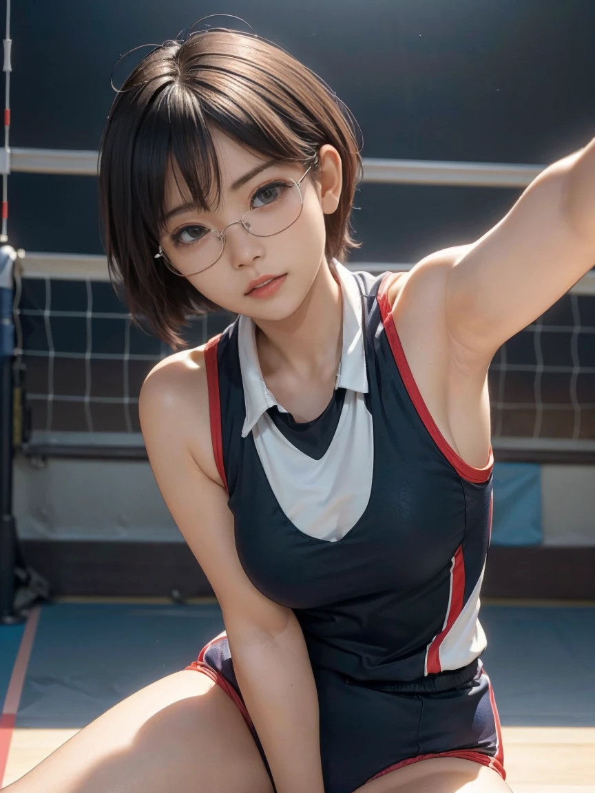 8k, RAW Photo Best Quality, masterpiece, Realistic, Realistic, (1 Ultimate Beauty), ((Cosplayer wearing a sleeveless volleyball uniform)),(Please make sure there is only one person in the photo)、(On the volleyball court)(Wear rimless glasses)((Please assume a crouching position.))((Legs wide open))Highly detailed face, (Perfect Teeth), fine grain, Double eyelids, eyelash, Lip details, (((Bob Hair Black), (((Very large breasts)))Big Breasts,(((Big Breastsを強調する)))(((Accentuate the crotch)))((Sexy pose))Cowboy Shot,  Soft Light, ((Detailed border)) 
Proceed with caution，((,Japanese women)), (((Medium meaty, Small waist))), (((Realistic))(((Front View)))