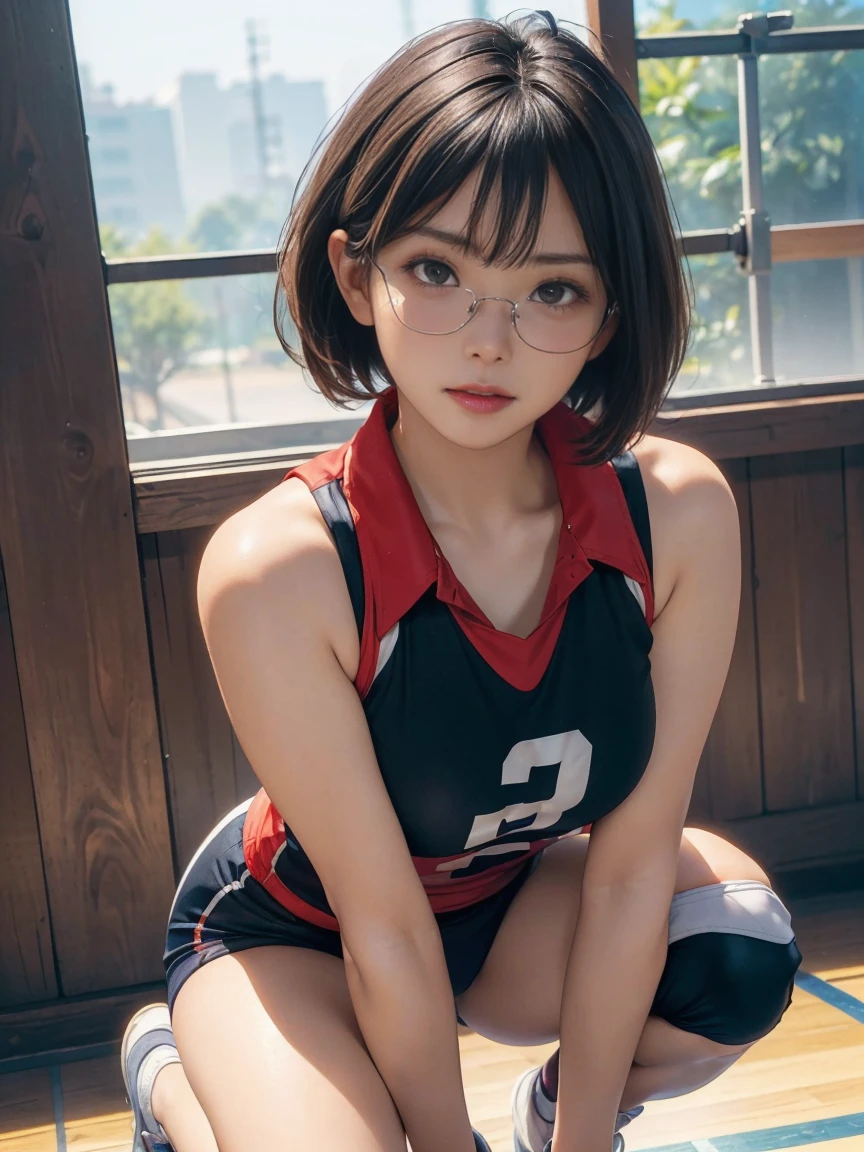 8k, RAW Photo Best Quality, masterpiece, Realistic, Realistic, (1 Ultimate Beauty), ((Cosplayer wearing a sleeveless volleyball uniform)),(Please make sure there is only one person in the photo)、(On the volleyball court)(Wear rimless glasses)((Please assume a crouching position.))((Legs wide open))Highly detailed face, (Perfect Teeth), fine grain, Double eyelids, eyelash, Lip details, (((Bob Hair Black), (((Very large breasts)))Big Breasts,(((Big Breastsを強調する)))(((Accentuate the crotch)))((Sexy pose))Cowboy Shot,  Soft Light, ((Detailed border)) 
Proceed with caution，((,Japanese women)), (((Medium meaty, Small waist))), (((Realistic))(((Front View)))