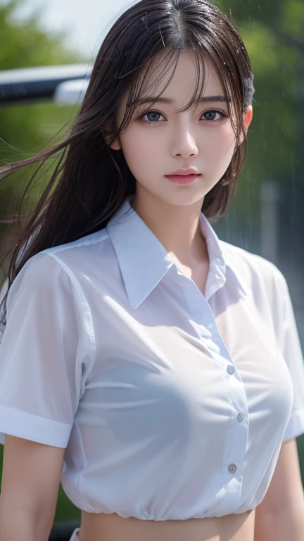 (best quality:1.2),(Masterpiece:1.2) 1girl, breast focus,white shirt, wet clothes, wet, collared shirt,