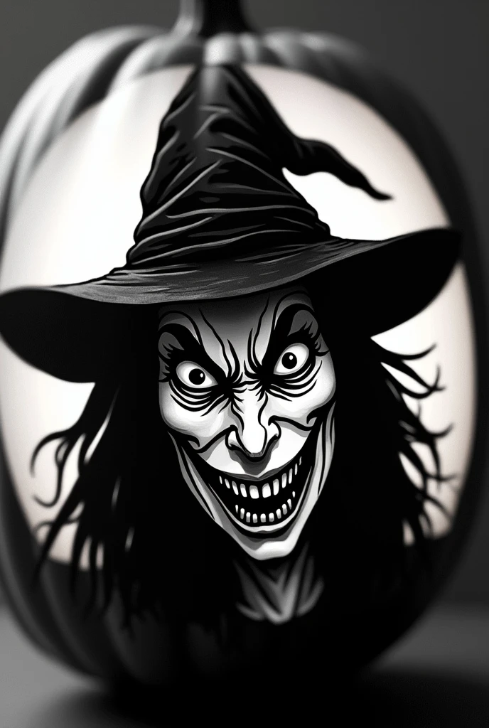 Witch, old, squeaky marks, creepy macabre look, mesmerizing big eyes, macabre smile, creepy smile -- breasts, neckline breasts -- sinister pose, terrifying pose -- witch hat, traditional witch chspéu, skull detail, skull necklace, amazing details -- pencil drawing, realistic, black and white, grayscale -- shadow light, backlight, professional finish -- normal perspective, high definition, highly detailed -- drawing on paper,  tattoo design