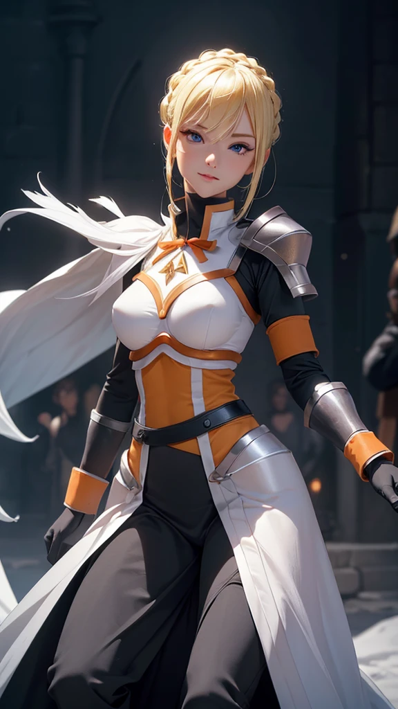 ((ultra quality)), ((Masterpiece)), ((8K)), ((Darkness)), ((blonde, darkness hairstyle)), (Beautiful face), (), charming, ((excited facial expression)), looks at the camera with a slight smile, eyes closed a little, (Skin color white), (White skin), glare on the body, ((detailed beautiful female eyes)), ((Blue eyes)), (beautiful female lips), (dark eyeliner), (beautiful female hands), ((Ideal female figure)), Ideal female body, beautiful waist, beautiful hips, small breasts, (cloth: sexy white and orange Darkness armor), ((subtle and beautiful)), stands temptingly (), background: Dark Dungeon, ((depth of field)), ((high quality clear image)), (clear details), ((High detail)), realistically, ((Clear Focus)), anime.