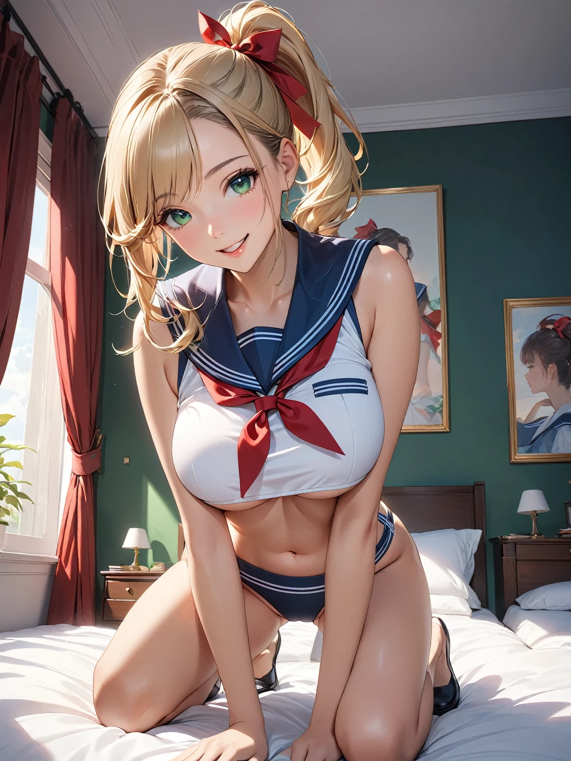 masterpiece, best quality, very aesthetic,1girl, JK, tareme, Long eyelashes, detailed green eyes, half opened mouth, smile, silky blonde hair, (hair pulled back:1.2), side ponytail, breasts:0.8, (underboob:), Skin with attention to detail,  (spread legs, kneeling:), short torso, tiny lace thong:, no bra, crop top white shirt, sleeveless, sailor uniform, (no skirt:1.2), red ribbon tie, bedroom, front view