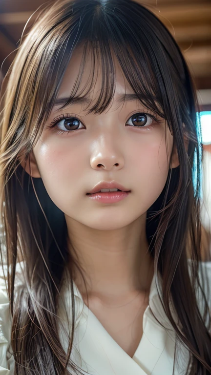 Best Quality, Face Focus, Soft Light, Ultra-high resolution, (Realistic:1.4), RAW Photo Japanese Girl 1, Alone, cute, (pupil, The light in your eyes),  Every detail of a beautiful face, (),(High resolution detail of human skin texture),
(Long Hair)、Fluttering Hair、Raise your hand、Put your hands behind your head、
indoor,
Tops,From below、
(Portraiture)