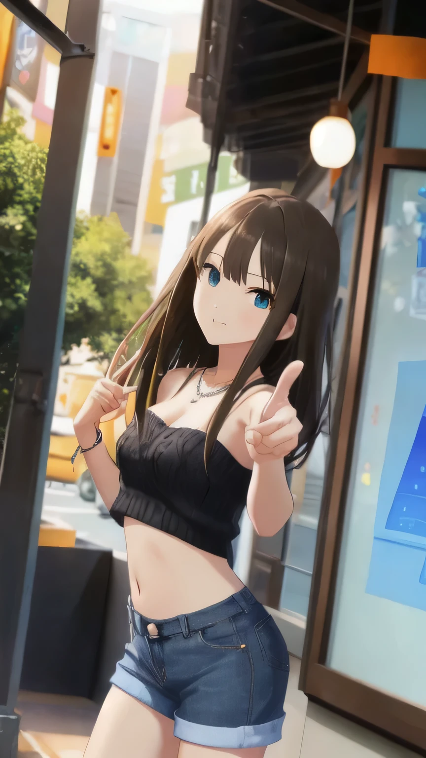 (Best Quality:1.4)、masterpiece、detailed、High resolution、Photo Quality、 View your viewers、1 person、Shibuya Rin、Small face、Black Hair、Close one eye、Standing on a stoop in a cafe、Pointing with one hand、necklace、Tube top sweater、Sleeveless、Hot pants、Thin stockings、Cowboy Shot、Low angle