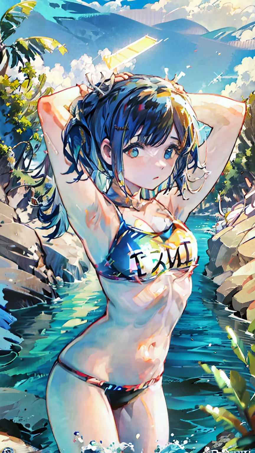 nsfw,bikini,ultra high quality,masterpiece,(((uniform,hands_on_head))), Ashelia B'nargin Dalmasca/(FFXII),(((swimming in the water around the beach))),BREAK,(((black_twintail_hair,matur_adult)))