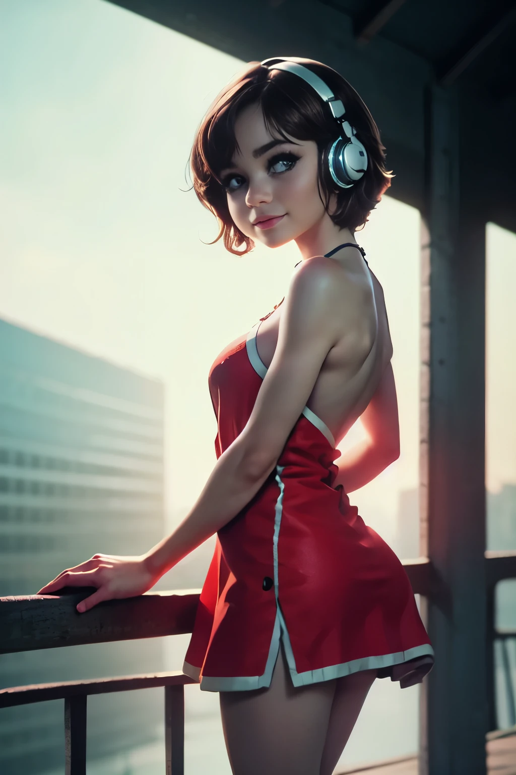 HDR picture, 16k, masterpiece, cinematic light, ultra realistic, high definition picture, ripped short red dress, v necklace, looking a viewer, headphones on head, outdoors, scenic view, photo background, realistic skin texture, detailed background, beautiful and detailed artwork, ariawm, very young slim fit girl, shy smile, perfect flat breast, brown hair, (short disheveled hair:1.1), big brown eyes, bimbo girl, summer morning in small town, parororo, big lips, cybercity, futuristic view, alisa 