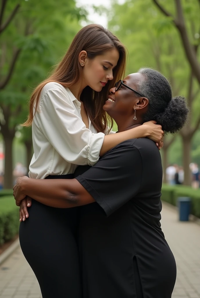 Create a photo of a 30 year old young woman, with a slender and beautiful body, wearing a low-cut white tank top and jeans, with white and clear skin, with long light brown hair, and has her back to the camera as she is lifted up in the air by her butt by an obese 90 year old black lady, dark black skinned, who has short hair, who wears glasses and a blue dress