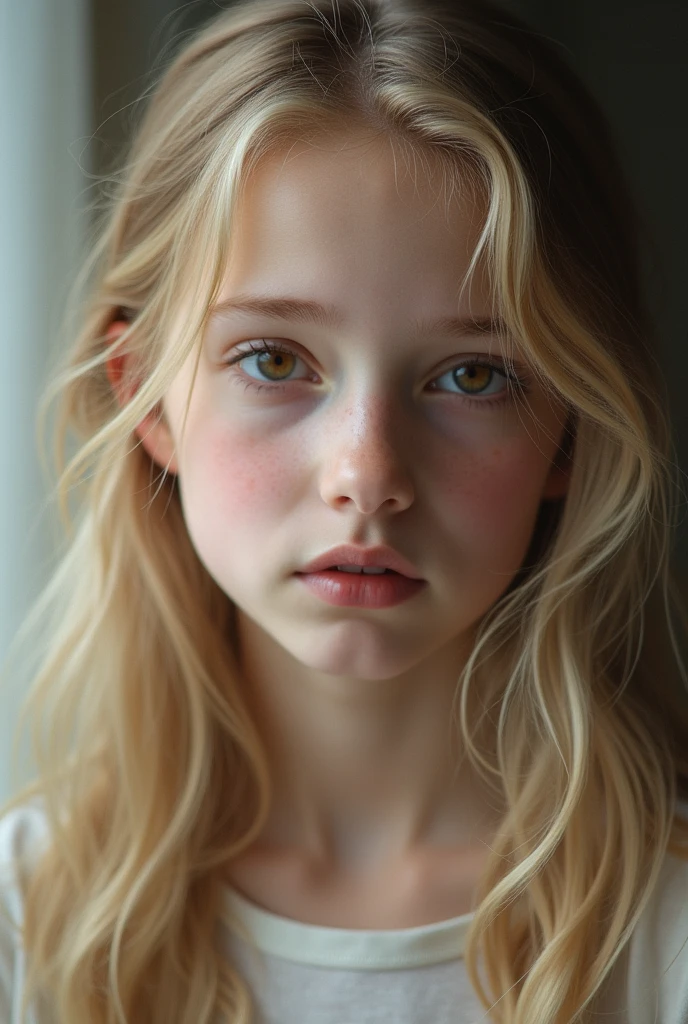 tween Ukrainian girl, 12-years-old with long blond hair, a supermodel body, lovely eyes, thick eyebrows, plump lips, full lips, a button nose, pale skin, and a flat chest, with a more elegant and sophisticated touch that corresponds to her mysterious and strong personality. Her appearance would be striking, attracting curious and intrigued glances, flat chested, cinematic lighting, chromatic aberration, Backlight, masterpiece, high detail, high quality, 4K.