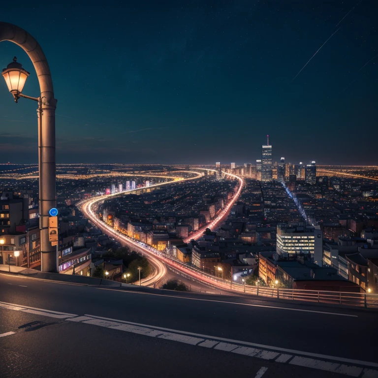 Train passes through city at night