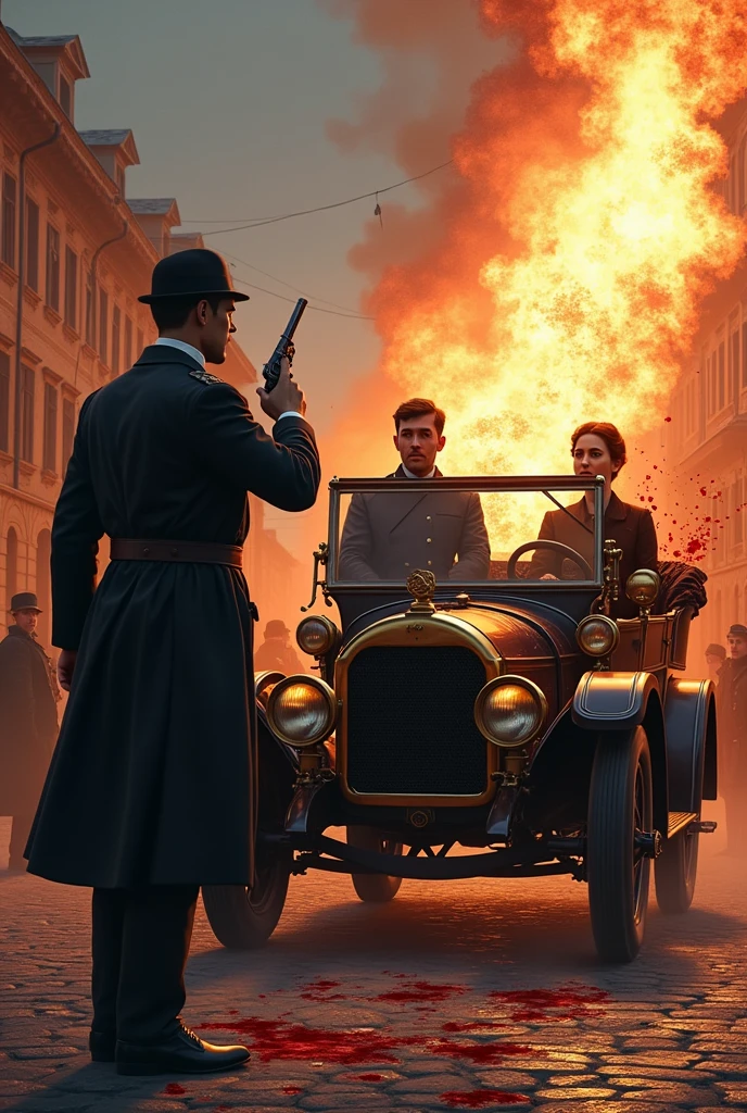 Man on a golden carriage with a horde of zombies and burning buildings in the background in steampunk style