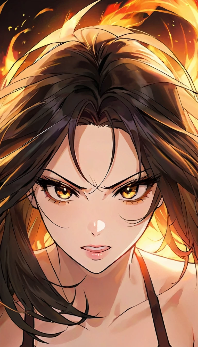 Determined Girl with a Fierce Gaze: Her eyes burn with intensity, framed by tousled strands of hair that fall over her forehead. The sharp line of her jaw is softened by a subtle smirk playing on her lips. Her fierce, determined expression reflects strength, with a slight glint in her eyes showing her resolve.