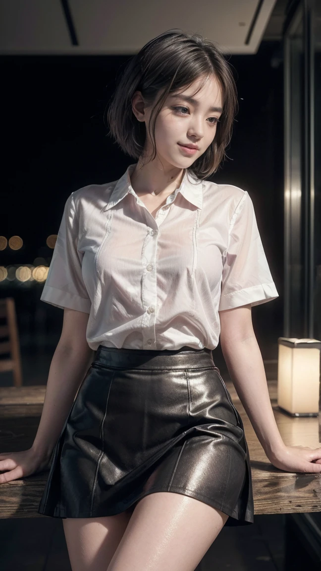 (8k, Best Quality, masterpiece: 1.2), (Realistic, Realistic: 1.37), Very detailed, 1 girl, cute, Alone, Beautiful detailed empty cafe, night, Sitting, date, ( blush your nose), (smile: 1.15), (Shut your mouth.) Small breasts, Beautiful details(Collared shirt: 1.1), night, Wet,((Plain Skirt))、Business Wear, rain, White lace, (Short Hair: 1.2), Floating Hair NovaFrogStyle,((Delicate photos))，(Detailed RAW photos of girls), (I have to play the song:1.25), (Best Quality:1.6), (Ultra-high resolution:1.5), (that&#39;s photoRealistic:1.75), 8k resolution,:1.6),  Canon EOS R5, 50mm, Confused, Very detailed,Cinema Lighting、Spread your legs、(Gray patterned panties are visible)、