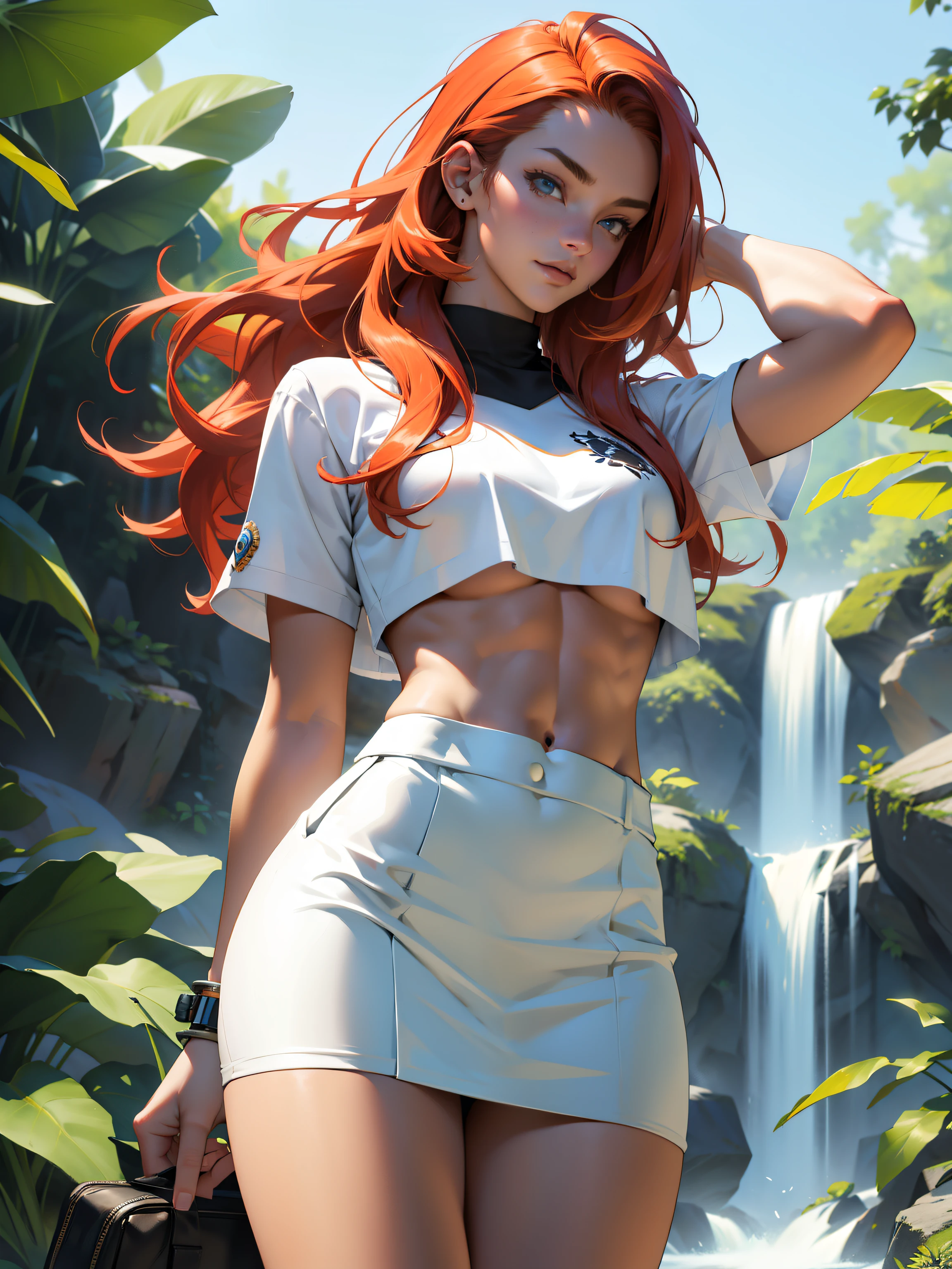 Photo, Best quality, high resolution 8k,most beautiful teenager,19 years old, white skin, ultra detailed, European, long hair, red hair,hair combed back,perfect body, exuberant exotic, erotic, slender arms, big breasts, narrow waist, slim thighs, thigh gap, very well detailed, tight mini skirt, white skirt, crop top, underboob, Jessie pokemon, 
