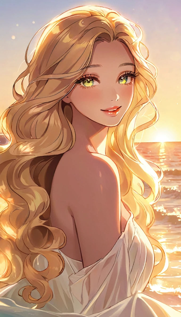 Elegant Girl in a Soft Glow: Bathed in the warm glow of the setting sun, her skin looks almost translucent, glowing with an ethereal beauty. Her lips curl into a gentle smile, and her long, wavy hair catches the light. Her eyes, wide and curious, shimmer with a soft light, reflecting the golden hues around her.