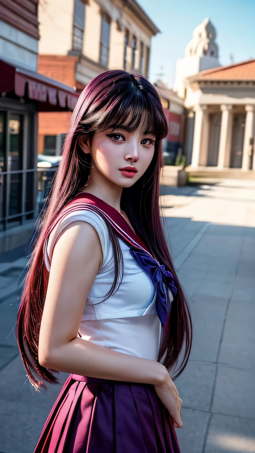 realistic sailor mars, 1girl, dark purple hair, beautiful detailed eyes, beautiful detailed lips, extremely detailed face and features, long eyelashes, sailor uniform, outdoor, vibrant colors, dramatic lighting, cinematic composition, (best quality,4k,8k,highres,masterpiece:1.2),ultra-detailed,(realistic,photorealistic,photo-realistic:1.37)