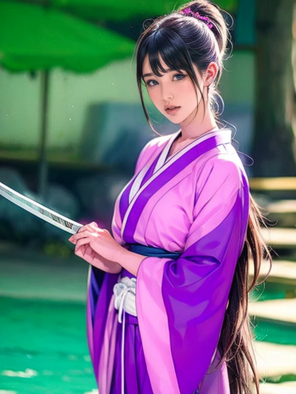 a cartoon of a woman in a purple kimono with a sword, inspired by Kusumi Morikage, inspired by Nishikawa Sukenobu, inspired by Koryusai Isoda, kunoichi, female samurai, she is holding a katana sword, katana zero video game character, inspired by Unkoku Togan, inspired by Tsubasa Nakai