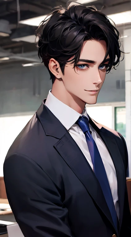 (Highest quality,4K,8K,High resolution,masterpiece:1.2),Super detailed,(Realistic,photoRealistic,photo-Realistic:1.37),1 personld,Mature Man,Beautiful skin、Profile、very handsome,Expressionless,smile,Short gray black hair,blue eyes,Sharp Eyes,A perfect face without a doubt,Businessman,Office Background,Cinema Lighting,HDR image,tie.