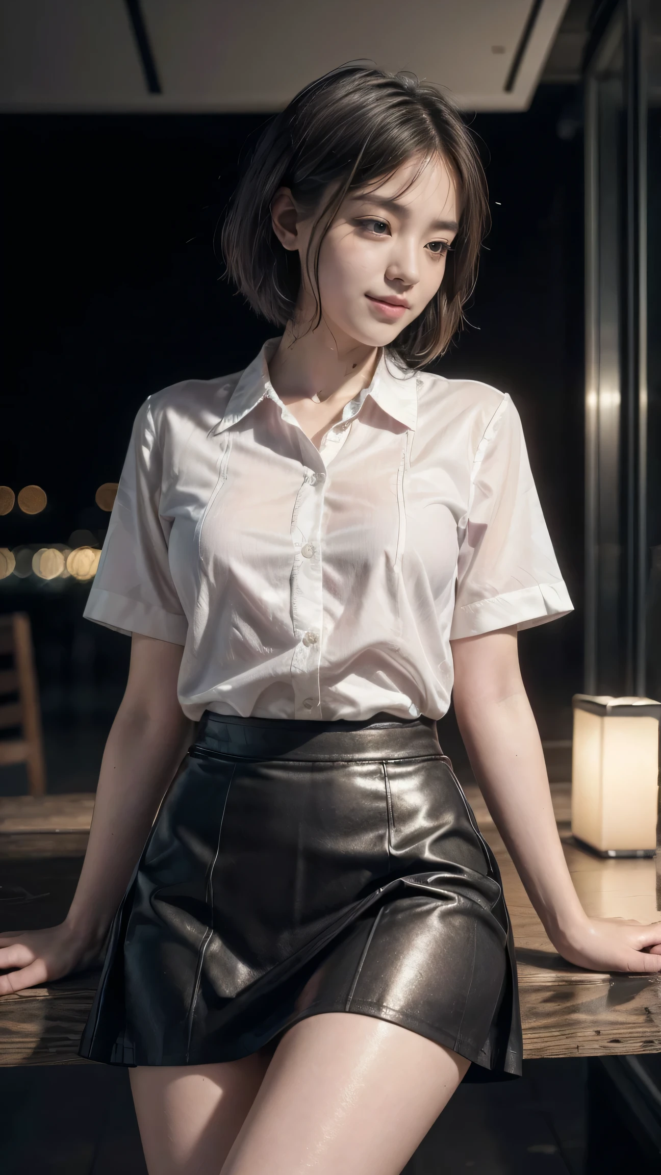 (8k, Best Quality, masterpiece: 1.2), (Realistic, Realistic: 1.37), Very detailed, 1 girl, cute, Alone, Beautiful detailed empty cafe, night, Sitting, date, ( blush your nose), (smile: 1.15), (Shut your mouth.) Small breasts, Beautiful details(Collared shirt: 1.1), night, Wet,((Plain Skirt))、Business Wear, rain, White lace, (Short Hair: 1.2), Floating Hair NovaFrogStyle,((Delicate photos))，(Detailed RAW photos of girls), (I have to play the song:1.25), (Best Quality:1.6), (Ultra-high resolution:1.5), (that&#39;s photoRealistic:1.75), 8k resolution,:1.6),  Canon EOS R5, 50mm, Confused, Very detailed,Cinema Lighting、Spread your legs、(Gray patterned panties are visible)、