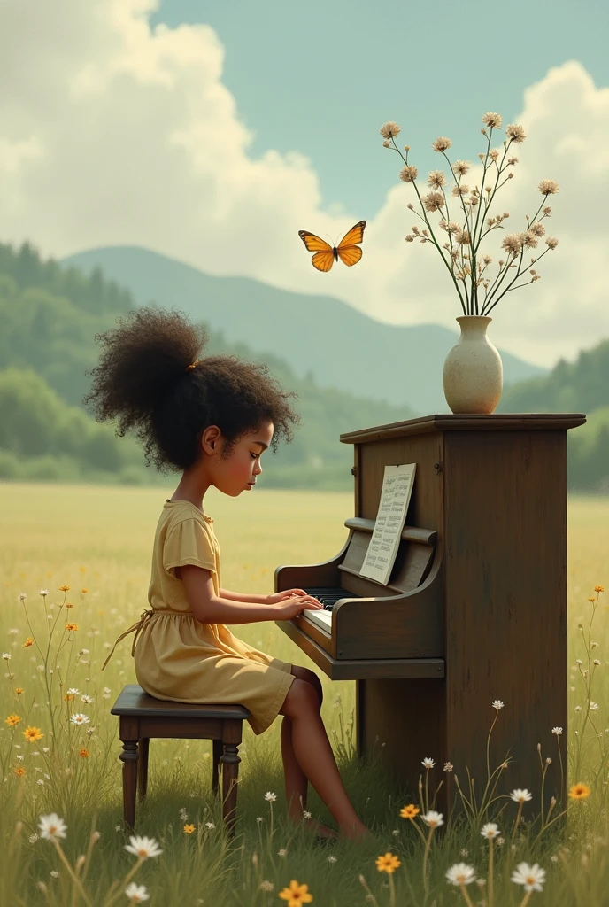 crochet figures, a girl sit on bench, in a scene of pure kindness, colors blend and greet, (playing piano)