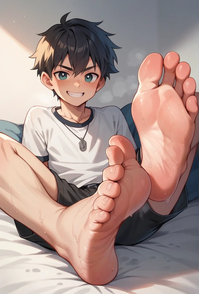 Young men showing sweaty feet 
Smiling 