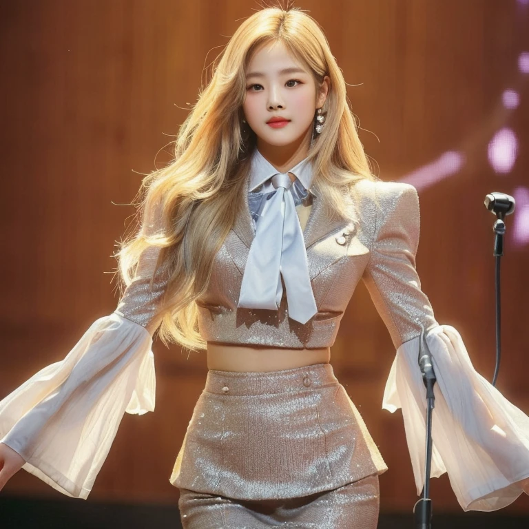 blond woman in a suit and tie standing in front of a microphone, roseanne park of blackpink, kda, lalisa manoban of blackpink, lalisa manobal, korean idol, portrait of jossi of blackpink, jinyoung shin, jaeyeon nam, jia, jossi of blackpink, inspired by Sim Sa-jeong, sun yunjoo, Físico : el abdomen más pequeño jamás visto, jisoo from blackpink, popular south korean makeup, quality detailed ,(beautiful makeup :1.2), Wide hips, big, big ass, (best quality, 8K, masterpiece: 1.3), Clear focus: 1.2, Perfect body beauty: 1.4, strong abs, Very detailed face and skin texture. , detailed eyes, double eyelids, (long hair), having very marked curves, with greater volume in ((breasts))