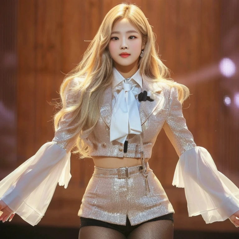 blond woman in a suit and tie standing in front of a microphone, roseanne park of blackpink, kda, lalisa manoban of blackpink, lalisa manobal, korean idol, portrait of jossi of blackpink, jinyoung shin, jaeyeon nam, jia, jossi of blackpink, inspired by Sim Sa-jeong, sun yunjoo, Físico : el abdomen más pequeño jamás visto, jisoo from blackpink, popular south korean makeup, quality detailed ,(beautiful makeup :1.2), Wide hips, big, big ass, (best quality, 8K, masterpiece: 1.3), Clear focus: 1.2, Perfect body beauty: 1.4, strong abs, Very detailed face and skin texture. , detailed eyes, double eyelids, (long hair), having very marked curves, with greater volume in ((breasts))