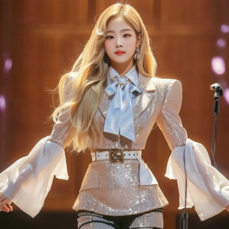 blond woman in a suit and tie standing in front of a microphone, roseanne park of blackpink, kda, lalisa manoban of blackpink, lalisa manobal, korean idol, portrait of jossi of blackpink, jinyoung shin, jaeyeon nam, jia, jossi of blackpink, inspired by Sim Sa-jeong, sun yunjoo, Físico : el abdomen más pequeño jamás visto, jisoo from blackpink, popular south korean makeup, quality detailed ,(beautiful makeup :1.2), Wide hips, big, big ass, (best quality, 8K, masterpiece: 1.3), Clear focus: 1.2, Perfect body beauty: 1.4, strong abs, Very detailed face and skin texture. , detailed eyes, double eyelids, (long hair), having very marked curves, with greater volume in ((breasts))