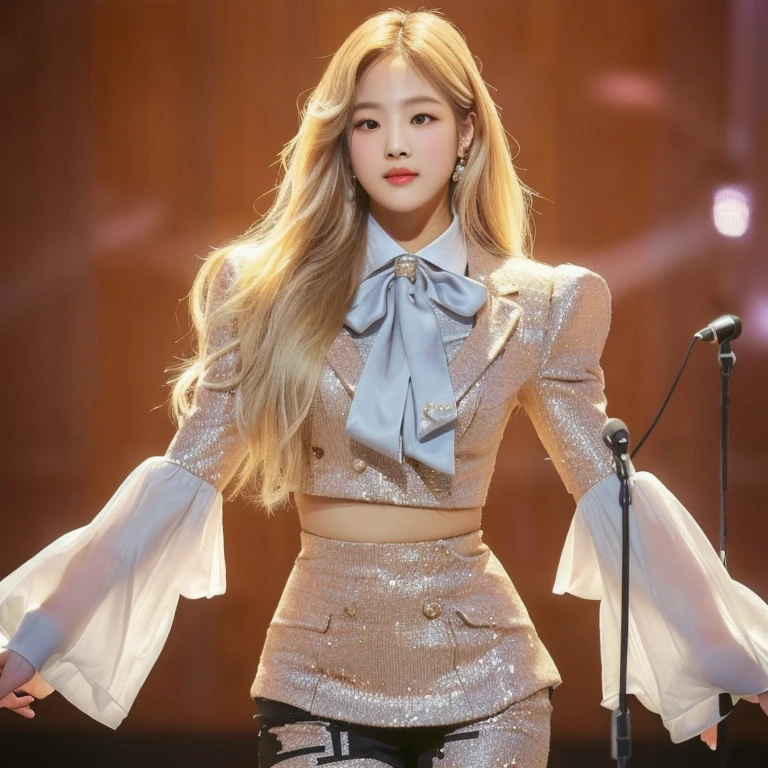 blond woman in a suit and tie standing in front of a microphone, roseanne park of blackpink, kda, lalisa manoban of blackpink, lalisa manobal, korean idol, portrait of jossi of blackpink, jinyoung shin, jaeyeon nam, jia, jossi of blackpink, inspired by Sim Sa-jeong, sun yunjoo, Físico : el abdomen más pequeño jamás visto, jisoo from blackpink, popular south korean makeup, quality detailed ,(beautiful makeup :1.2), Wide hips, big, big ass, (best quality, 8K, masterpiece: 1.3), Clear focus: 1.2, Perfect body beauty: 1.4, strong abs, Very detailed face and skin texture. , detailed eyes, double eyelids, (long hair), having very marked curves, with greater volume in ((breasts))