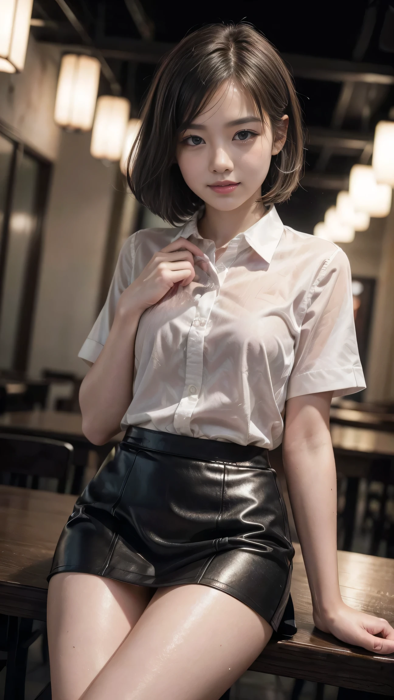 (8k, Best Quality, masterpiece: 1.2), (Realistic, Realistic: 1.37), Very detailed, 1 girl, cute, Alone, Beautiful detailed empty cafe, night, Sitting, date, ( blush your nose), (smile: 1.15), (Shut your mouth.) Small breasts, Beautiful details(Collared shirt: 1.1), night, Wet,((Plain Skirt))、Business Wear, rain, White lace, (Short Hair: 1.2), Floating Hair NovaFrogStyle,((Delicate photos))，(Detailed RAW photos of girls), (I have to play the song:1.25), (Best Quality:1.6), (Ultra-high resolution:1.5), (that&#39;s photoRealistic:1.75), 8k resolution,:1.6),  Canon EOS R5, 50mm, Confused, Very detailed,Cinema Lighting、Spread your legs、(Gray patterned panties are visible)、