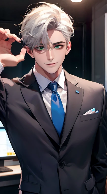 (Highest quality,4K,8K,High resolution,masterpiece:1.2),Super detailed,(Realistic,photoRealistic,photo-Realistic:1.37),1 personld,Mature Men,Beautiful skin、very handsome,Expressionless smile in love,Short white hair,green eyes,Sharp Eyes,A perfect face without a doubt,Businessman, CEO, Office Background,Cinema Lighting,HDR image,tie、