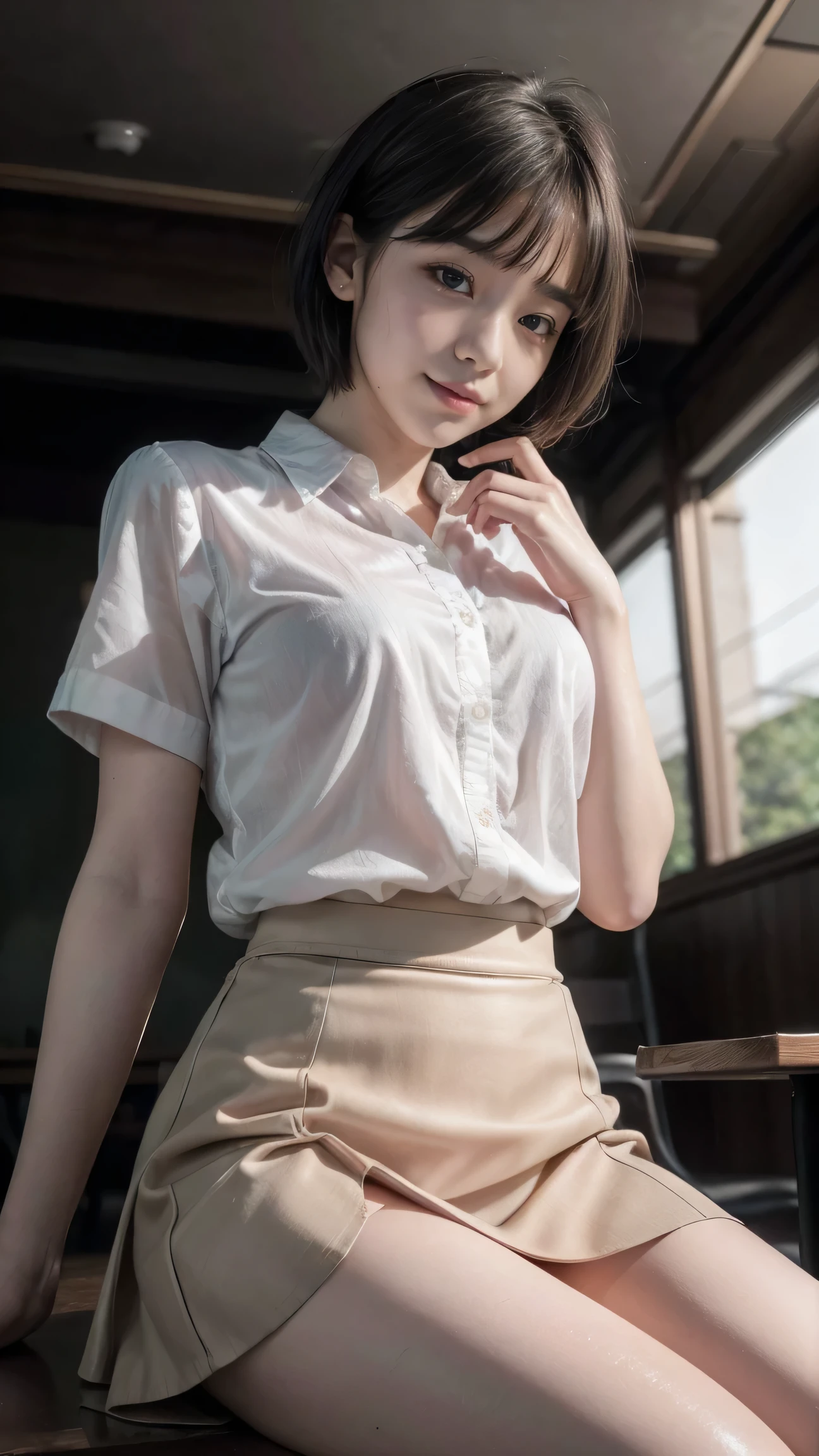 (8k, Best Quality, masterpiece: 1.2), (Realistic, Realistic: 1.37), Very detailed, 1 girl, cute, Alone, Beautiful detailed empty cafe, night, Sitting, date, ( blush your nose), (smile: 1.15), (Shut your mouth.) Small breasts, Beautiful details(Collared shirt: 1.1), night, Wet,((Plain Skirt))、Business Wear, rain, White lace, (Short Hair: 1.2), Floating Hair NovaFrogStyle,((Delicate photos))，(Detailed RAW photos of girls), (I have to play the song:1.25), (Best Quality:1.6), (Ultra-high resolution:1.5), (that&#39;s photoRealistic:1.75), 8k resolution,:1.6),  Canon EOS R5, 50mm, Confused, Very detailed,Cinema Lighting、Spread your legs、(Gray patterned panties are visible)、