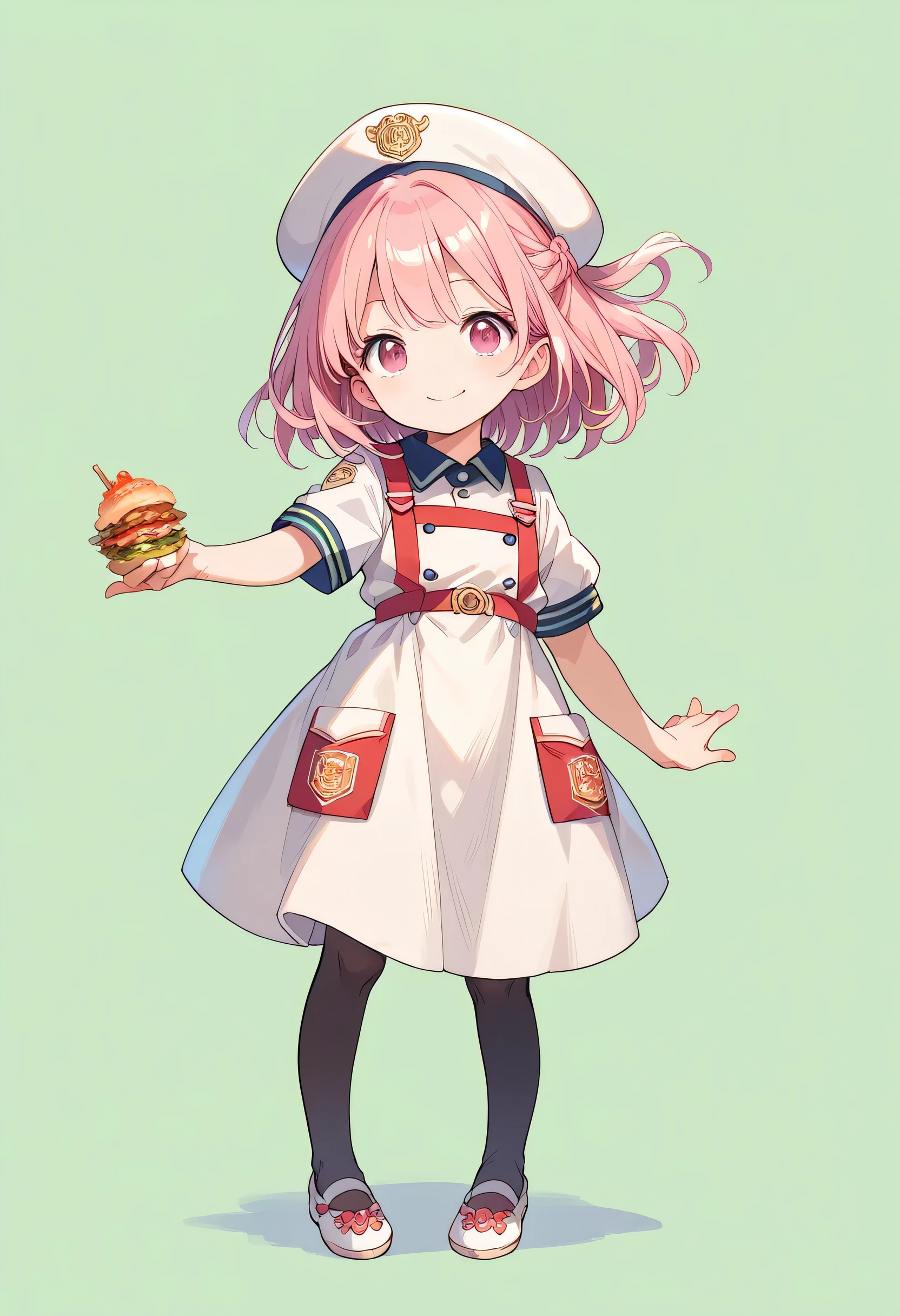 Anime girl pink hair,Pink Eyes,,Official character art,(((((whole body))))),uniform,standing,((((full body)))),toe,((simple background)),(green background), Family restaurant uniform, Black thin tights, smile, 