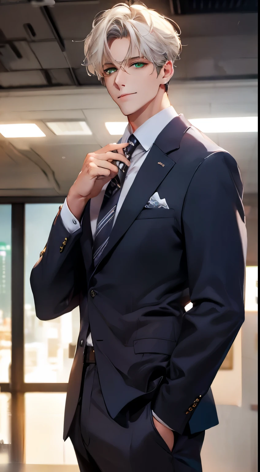 (Highest quality,4K,8K,High resolution,masterpiece:1.2),Super detailed,(Realistic,photoRealistic,photo-Realistic:1.37),1 personld,Mature Men,Beautiful skin、very handsome,Expressionless smile in love,Short white hair,green eyes,Sharp Eyes,A perfect face without a doubt,Businessman, CEO, Office Background,Cinema Lighting,HDR image,tie、