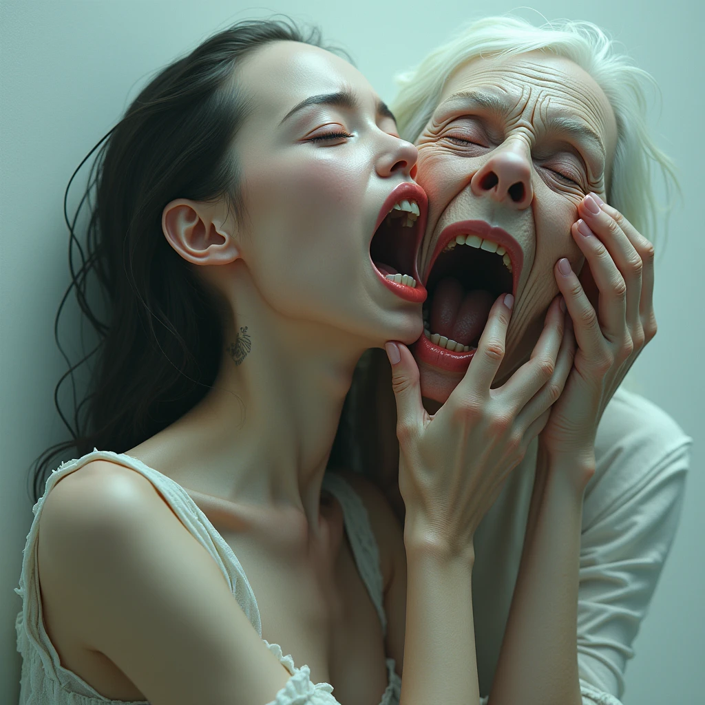 Woman's slender long throat choking by old woman hands, she is crying,  detailed 4k horror artwork, artwork in the style of guweiz, clean brutal