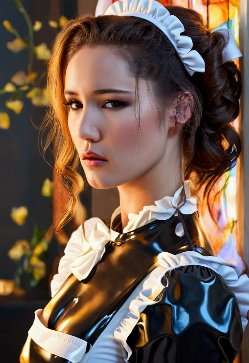 A beautiful young Christina Chong with large breasts wearing a latex maid uniform, long detailed hair in a half-up hairstyle, highly detailed, photorealistic, vibrant colors, sharp focus, studio lighting, elegant, graceful, cinematic composition
