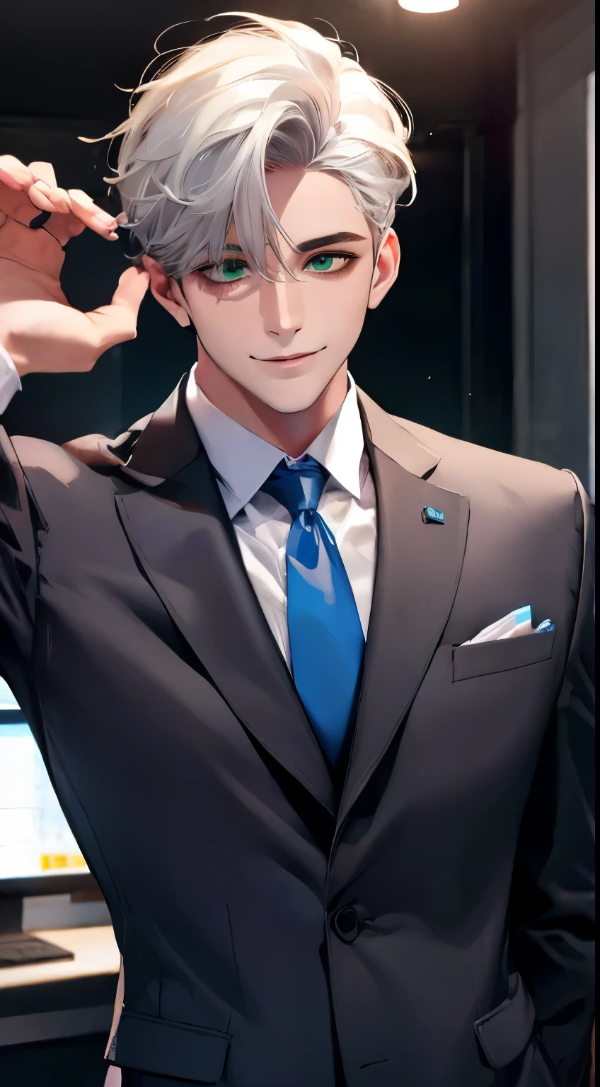(Highest quality,4K,8K,High resolution,masterpiece:1.2),Super detailed,(Realistic,photoRealistic,photo-Realistic:1.37),1 personld,Mature Men,Beautiful skin、very handsome,Expressionless smile in love,Short white hair,green eyes,Sharp Eyes,A perfect face without a doubt,Businessman, CEO, Office Background,Cinema Lighting,HDR image,tie、