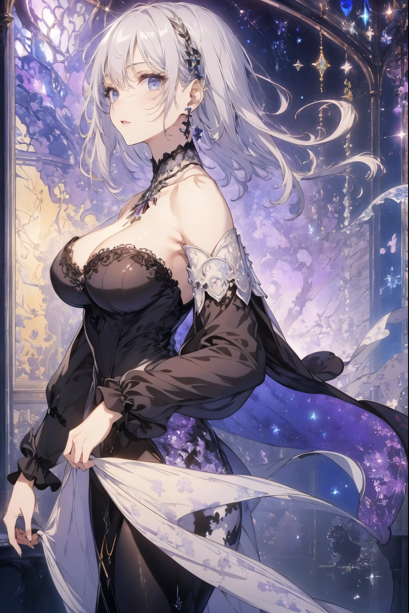 (Stained Glass:1.1, cafe), Masterpiece, best quality, (very detailed CG unity 8k wallpaper), (best quality), High definition RAW color art, Animation,sculptures, (black Marble Skin), (((Ultra detailed elegant))), Magical atmosphere, Detailed skin, Texture,(Intricately detailed, Fine detail, ultra-detail art), depth of fields, bokeh, Silky Touch, Hyper Detail, beautiful eyes, Elegant Face, sparkle background, enormous breast:1.3, (silver hair), pastel purple, embarrassing face, wide open udder, short hair, profile