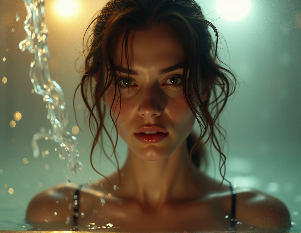 (Best quality, 4k, Masterpiece :1.3), pretty woman, 1girl, (, attractive body :1.2), abs :1.1, dark blonde hair: 1.1, (rainy wet, wet from rain, wet body :1.2), ultra-detailed face, detailed lips, detailed eyes, double eyelid